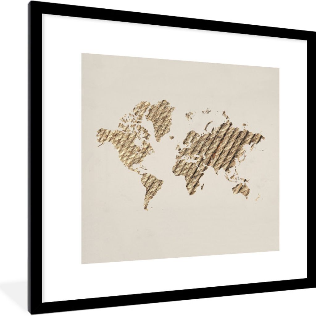 MuchoWow MuchoWow Gerahmtes Poster Weltkarte - Seil - Beige 40x40 cm - Poster mit zchwarzem Bilderrahmen - Poster - Plakat im Rahmen