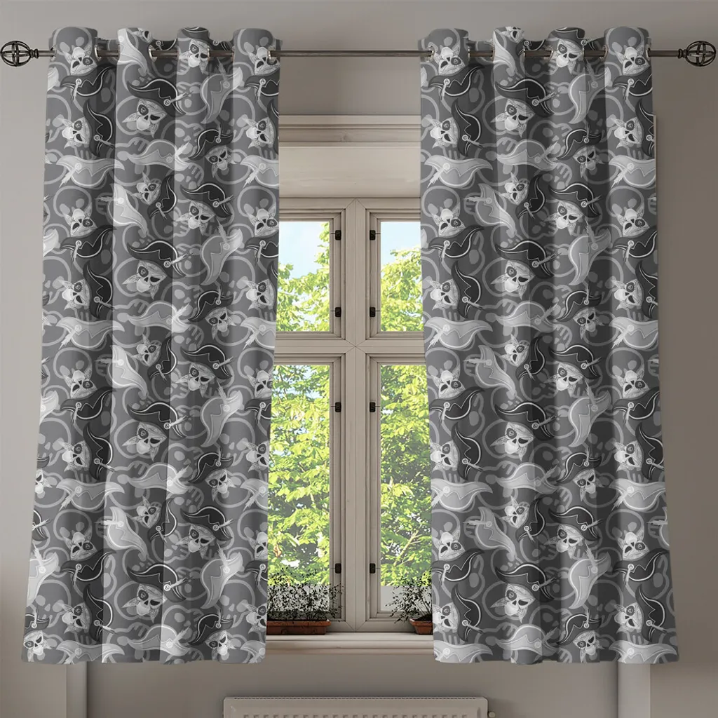 ABAKUHAUS Tenda con occhielli Pirates, motivo in scala di grigi - teschio con cappello e macchie al posto degli occhi e contorni scarabocchiati, tende decorative a 2 pannelli per finestre, 280 cm x 175 cm, grigio chiaro - 2