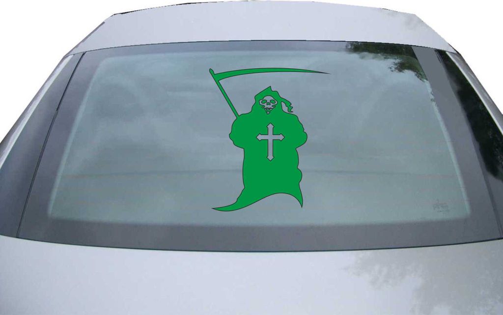 Indigos UG - Aufkleber Heckscheibe & Motorklappe DE6998 - grün - 600x490 mm - Sensenmann Totenkopf Skull Comic Tod Death Grusel - Auto Scheiben Fe...