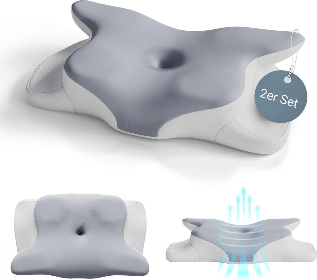 Juskys Nackenkissen 2er Set - Ergonomisch, Memory-Foam-Füllung - weiß / grau