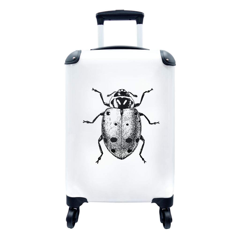 MuchoWow Koffer Handgepäck Trolley Rollkoffer Kleine Reisekoffer mit 4 Rollen - Vintage - Marienkäfer - Insekten - Schwarz und weiß - Cabin Si...