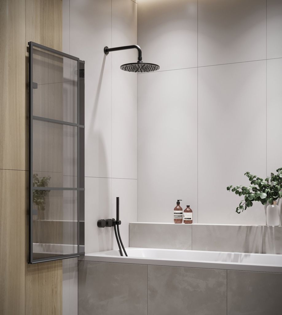 Badplaats Duschwand für Badewanne Berkan 120 x 140 cm Schwarz - Drehbare Duschtrennwand mit 5 mm ESG Sicherheitsglas, Nano-Beschichtung