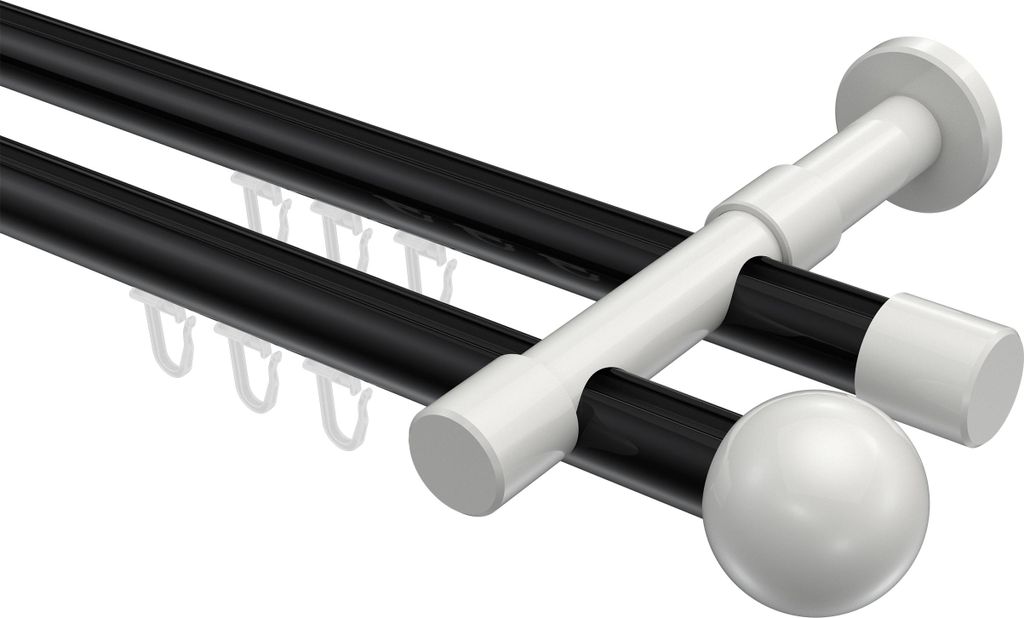 Interdeco Innenlaufstange / Gardinenstange mit Innenlauf Schwarz / Weiß, Typ Prestige Luino (Kugel), 20 mm Ø 2-läufig, 280 cm