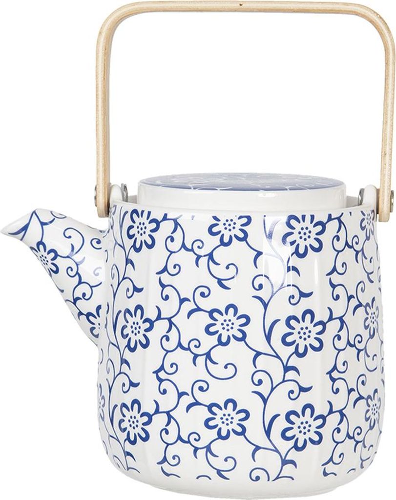 Clayre & Eef Teekanne 800 ml Blau Weiß Porzellan Blumen