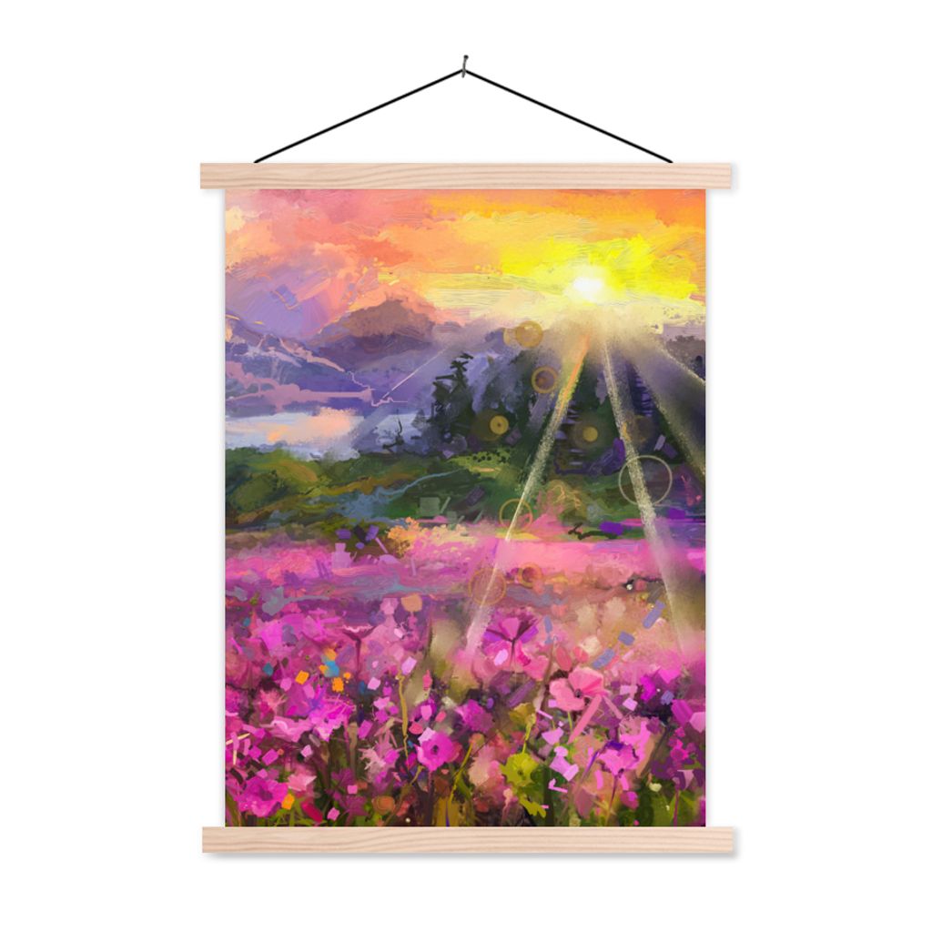 MuchoWow Textilposter Gemälde - Ölfarbe - Blumen - Natur - Sonne 40x53 cm mit holzfarbenen Rahmen - Schlafzimmer