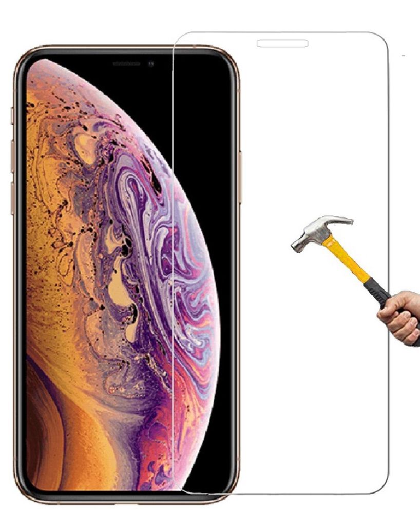 A screen protector is shown being tested with a hammer on a smartphone.