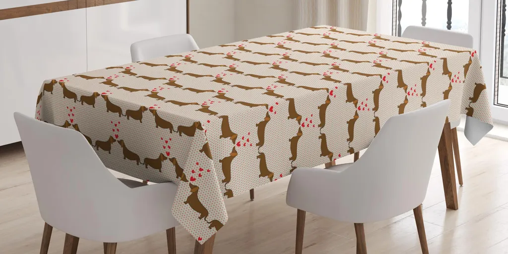 ABAKUHAUS Tovaglia con bassotti, cartoni animati con cani innamorati su sfondo a pois, 140 x 240 cm, cioccolato vermiglio