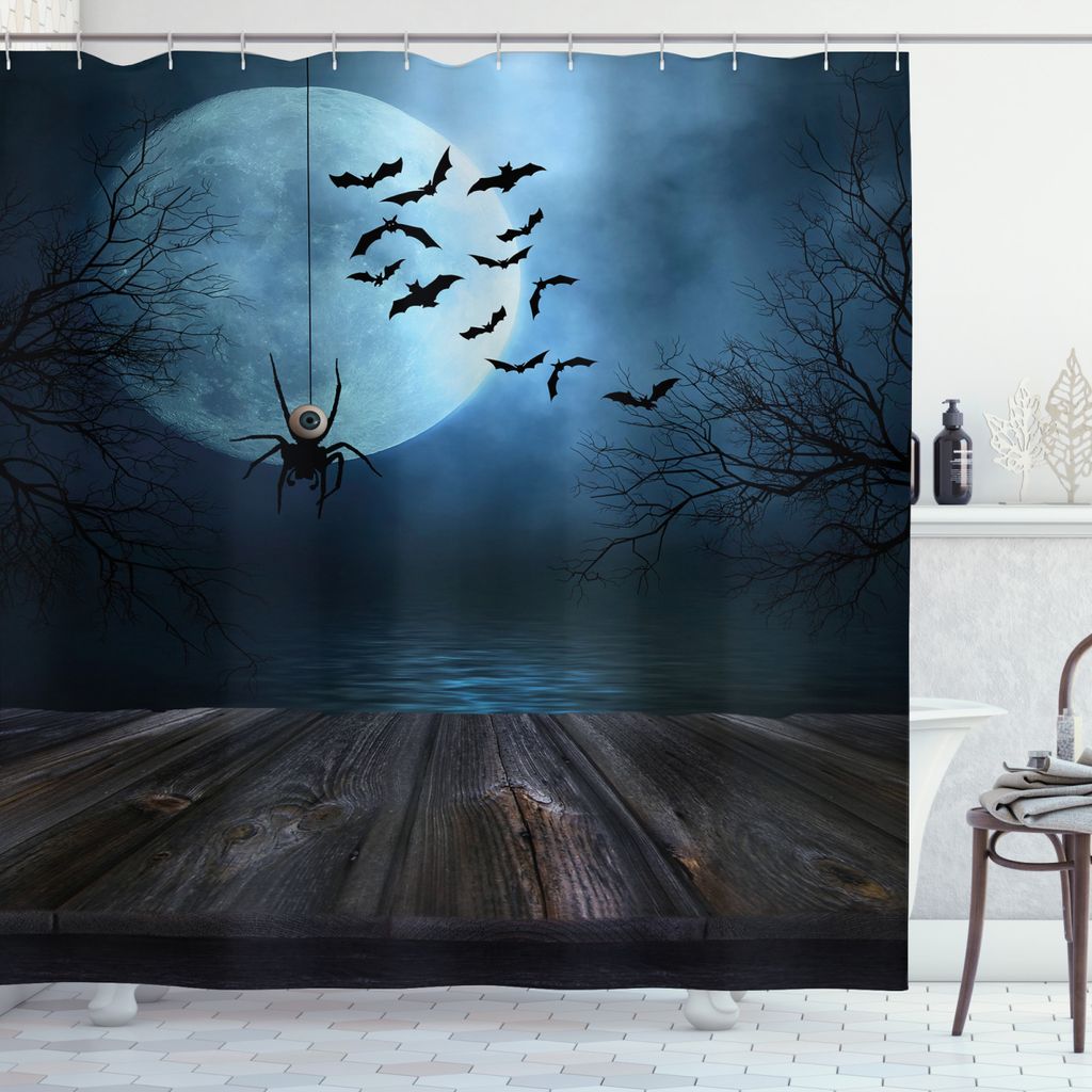ABAKUHAUS Grusel Duschvorhang, Lake Scene Bat, Moderner Digitaldruck mit 12 Haken auf Stoff Wasser und Bakterie Resistent, 175 x 180 cm, Blau Braun