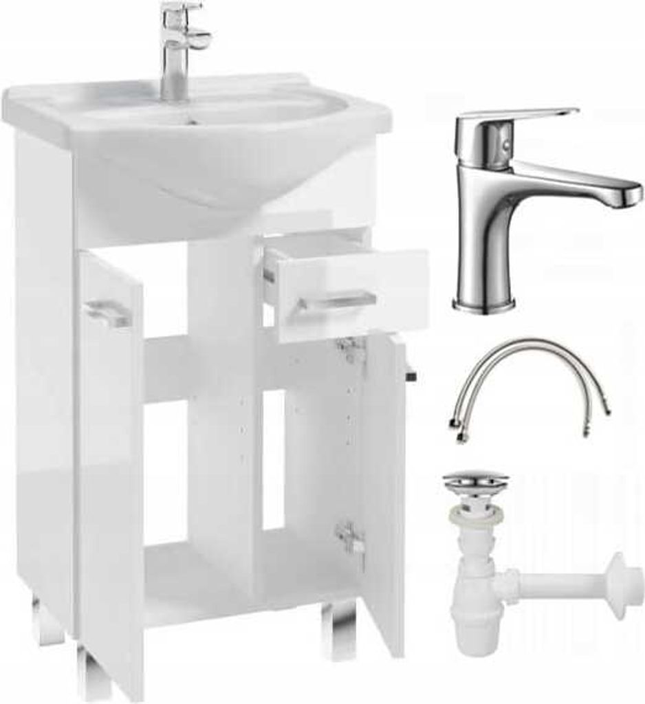 Badezimmerschrank mit Waschbecken auf Beinen 85x50 stehend weiß Mea mit länglichem Chromhahn