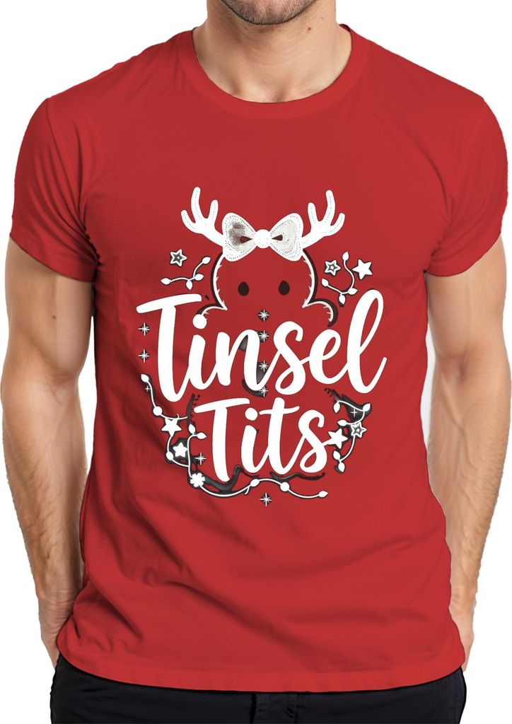 Tinsel Tits lustig Weihnachten Geschenk Rentier Geweih Glitzer Herren T-Shirt, Rot, XXL