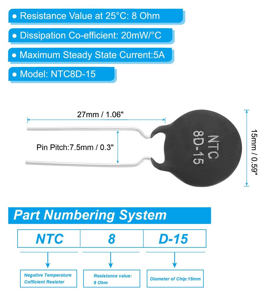 NTC Thermistoren Widerst?nde 10Stk 8 Ohm NTC8D-15 Hochempfindlicher Strombegrenzer Temperatursensor fš¹r Messung Temperatur Schwarz