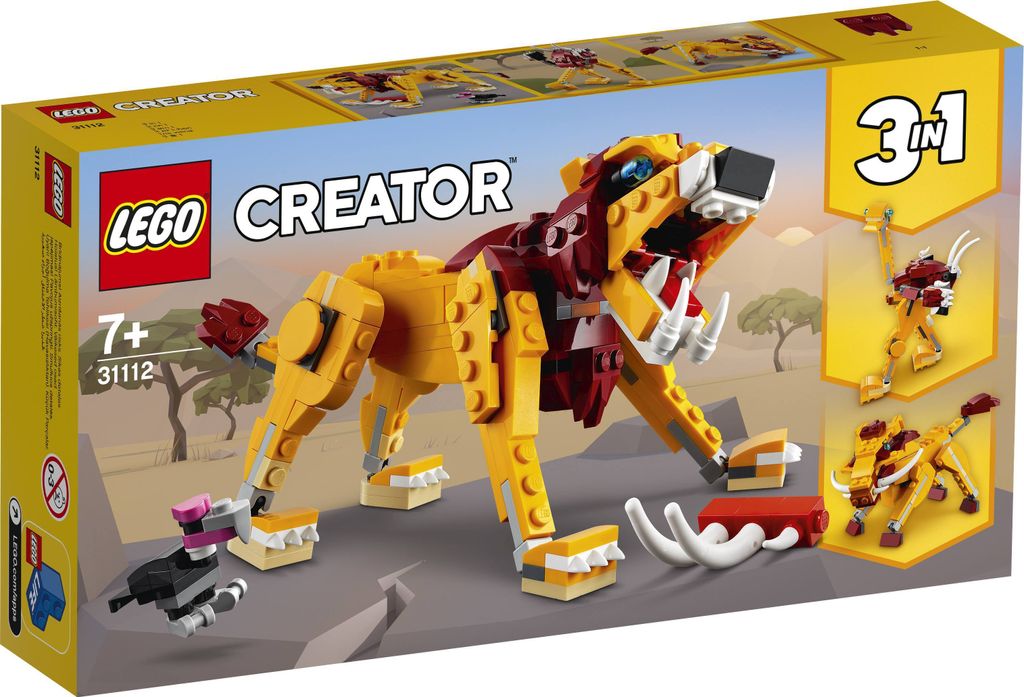 The image shows the packaging of a LEGO Creator 3-in-1 set featuring a lion.