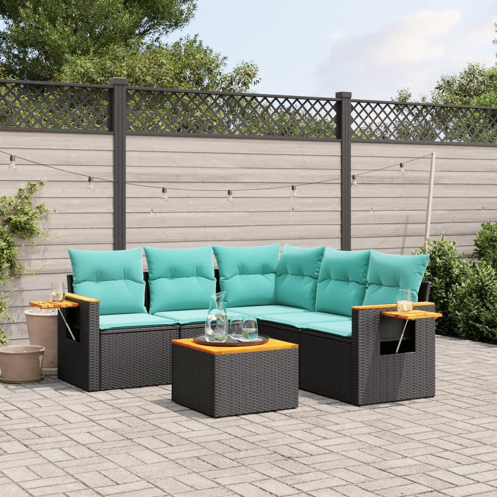 Möbel 6-tlg. Garten-Sofagarnitur mit Kissen Schwarz Poly Rattan - Gartenmöbelgarnituren 3226806