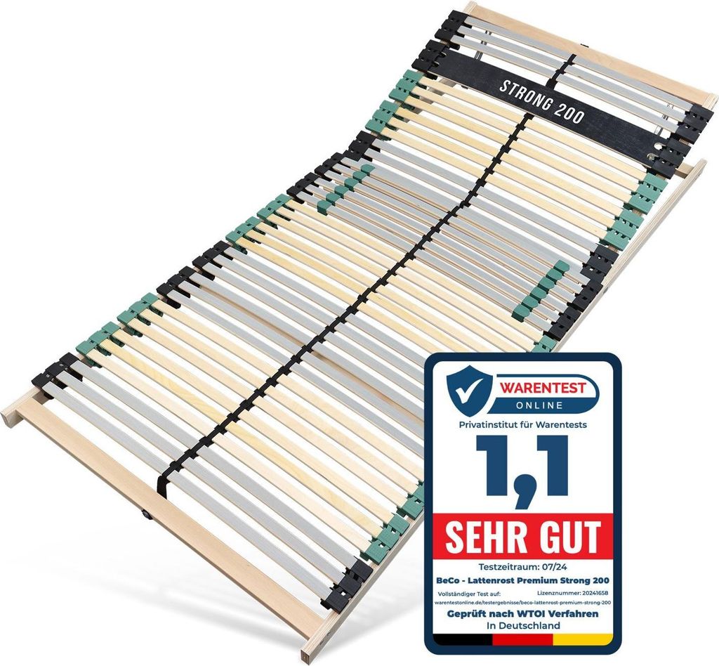 Lattenrost PREMIUM STRONG 200 mit Buchenholz, Lattenrost 100x200 extra stabil, Kopfteil verstellbar, orthopädischer 7 Zonen Lattenrost mit 42 vers...