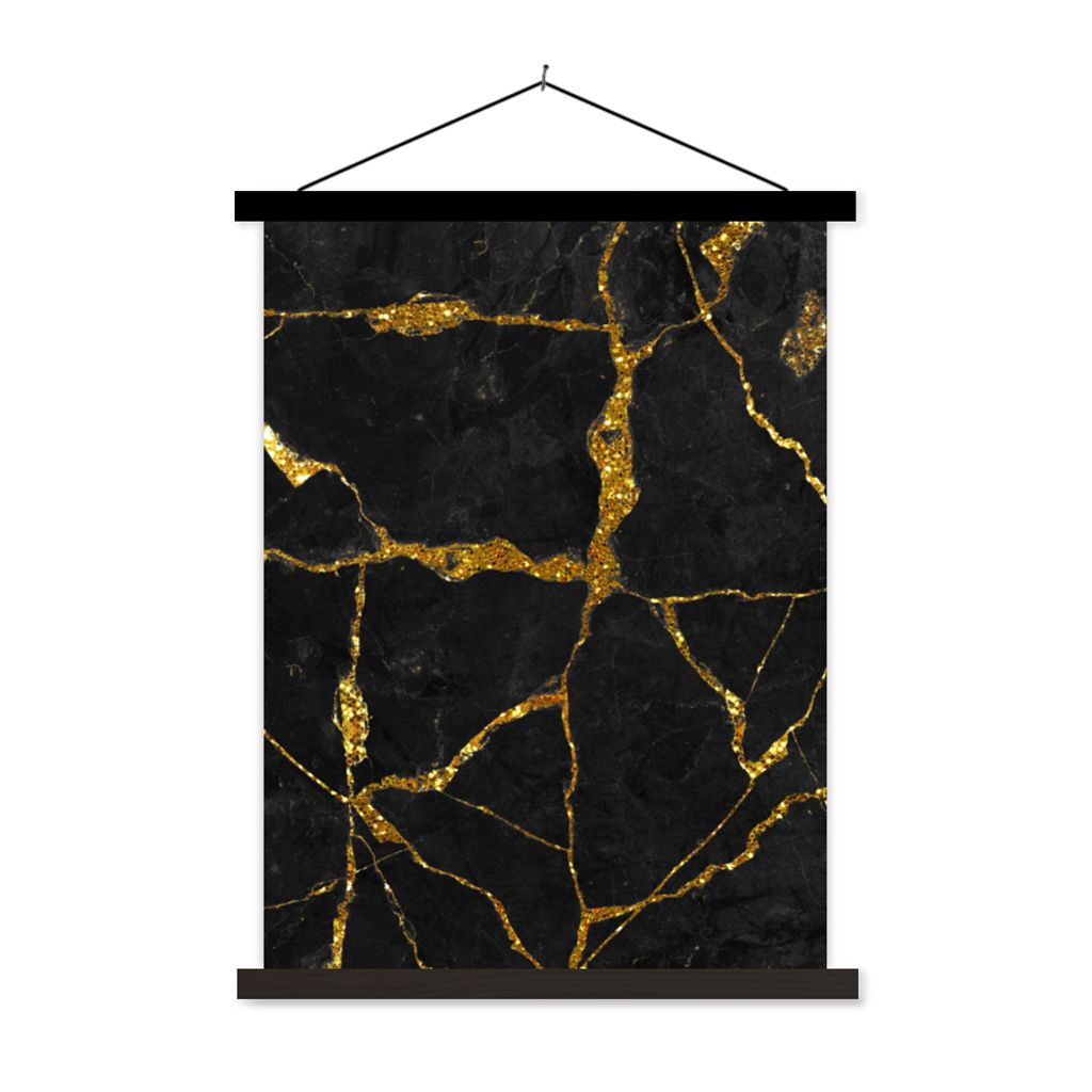 MuchoWow Textilposter Marmor - Gold - Schwarz - Marmoroptik - Glitter 120x160 cm mit schwarzem Rahmen - Magnetischer