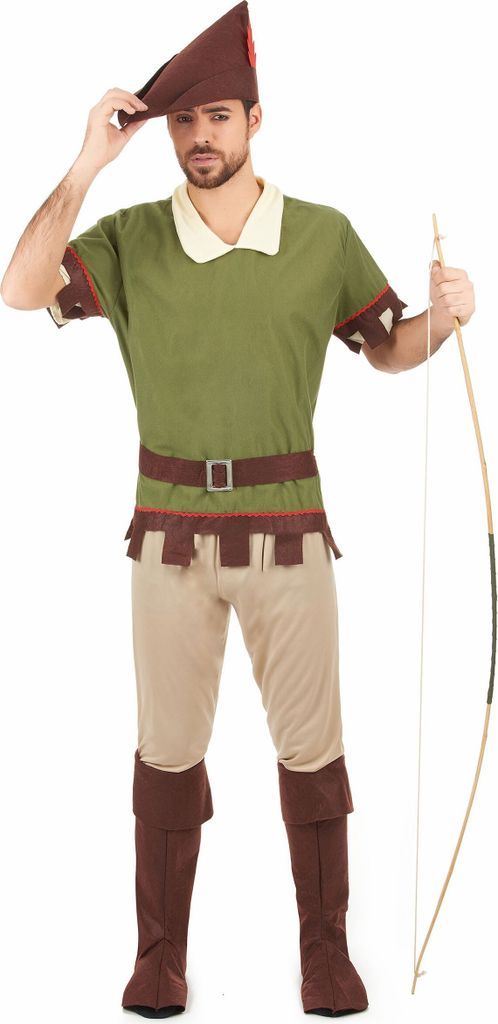 A man wearing a Robin Hood costume, holding a bow and arrow.