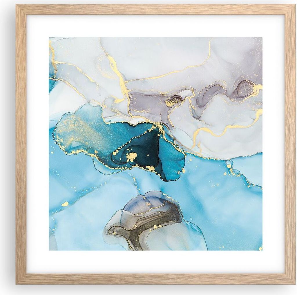 Gerahmtes Poster - Rahmen in heller Eiche - Marmor Modern Blau - 40x40 cm - Wand Bild - Wanddeko - Wandbilder - Kunstposter - Wandposter - Bilderra...