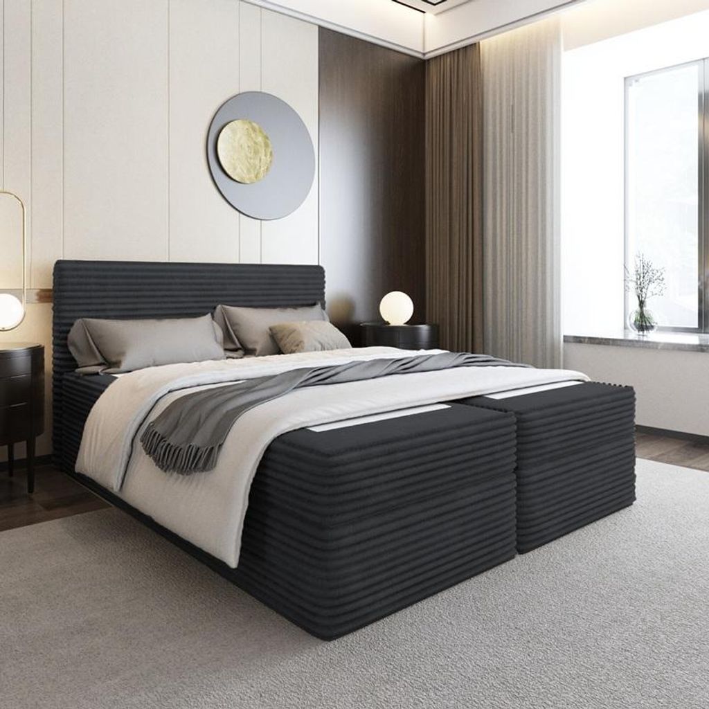 Bett Boxspringbett SENO mit TOPPER VISCO und Bettkästen - Doppelbett, Stauraum, Schlafzimmer, Polsterbett, Bettgestell (120x200, Schwarz - Tilia 100)