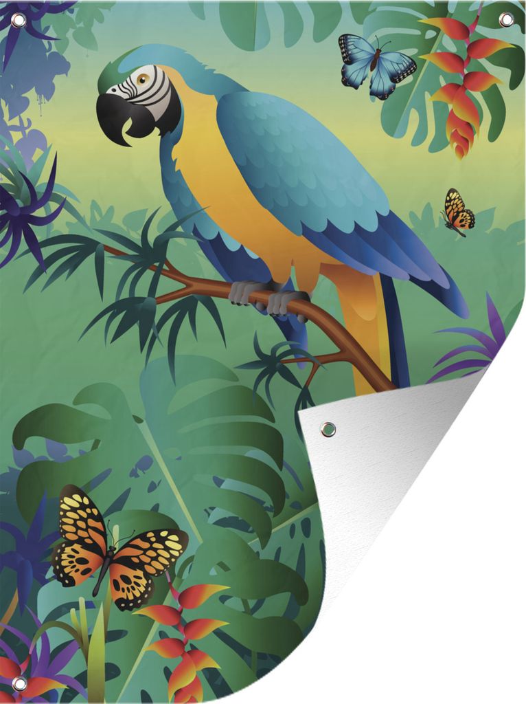 MuchoWow 30x40 cm Outdoor-Poster Gartendeko Sichtschutz Garten Poster für den Garten Eine Illustration eines gelben und blauen Papageis