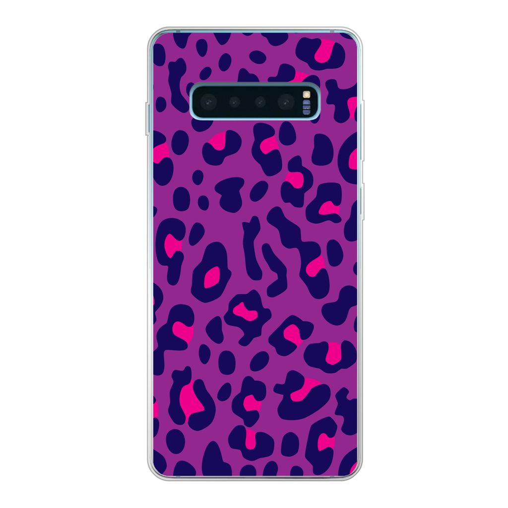 MuchoWow Handyhülle Schutzhülle Hülle für Samsung Galaxy S10 Plus Pantherdruck - Lila - Rosa Silikon Softcase Handy Hülle - Schutzhülle