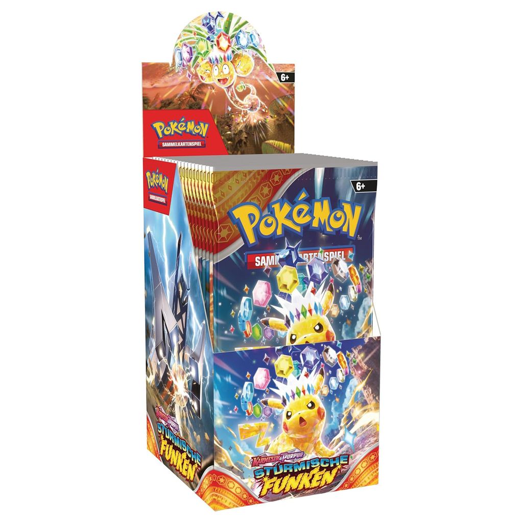 A display box of Pokémon trading card booster packs.