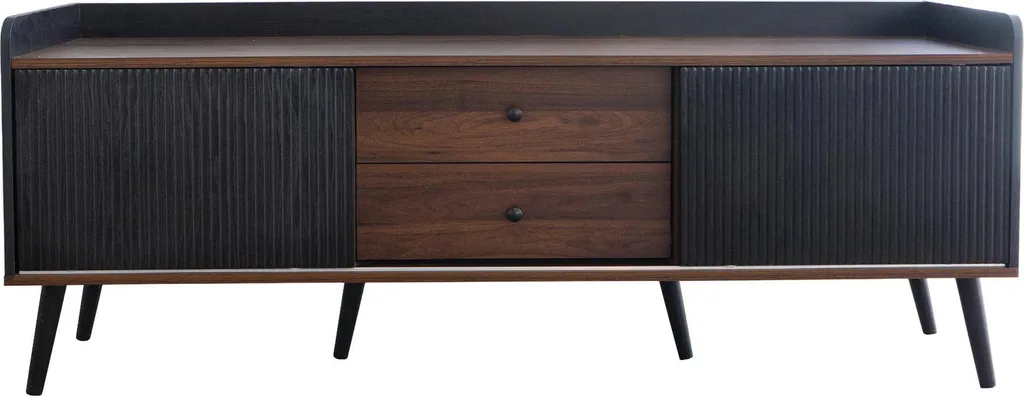 Buffet TV Bas Moderne 160cm - Meuble Multimédia Noir et Chêne Scandinave
