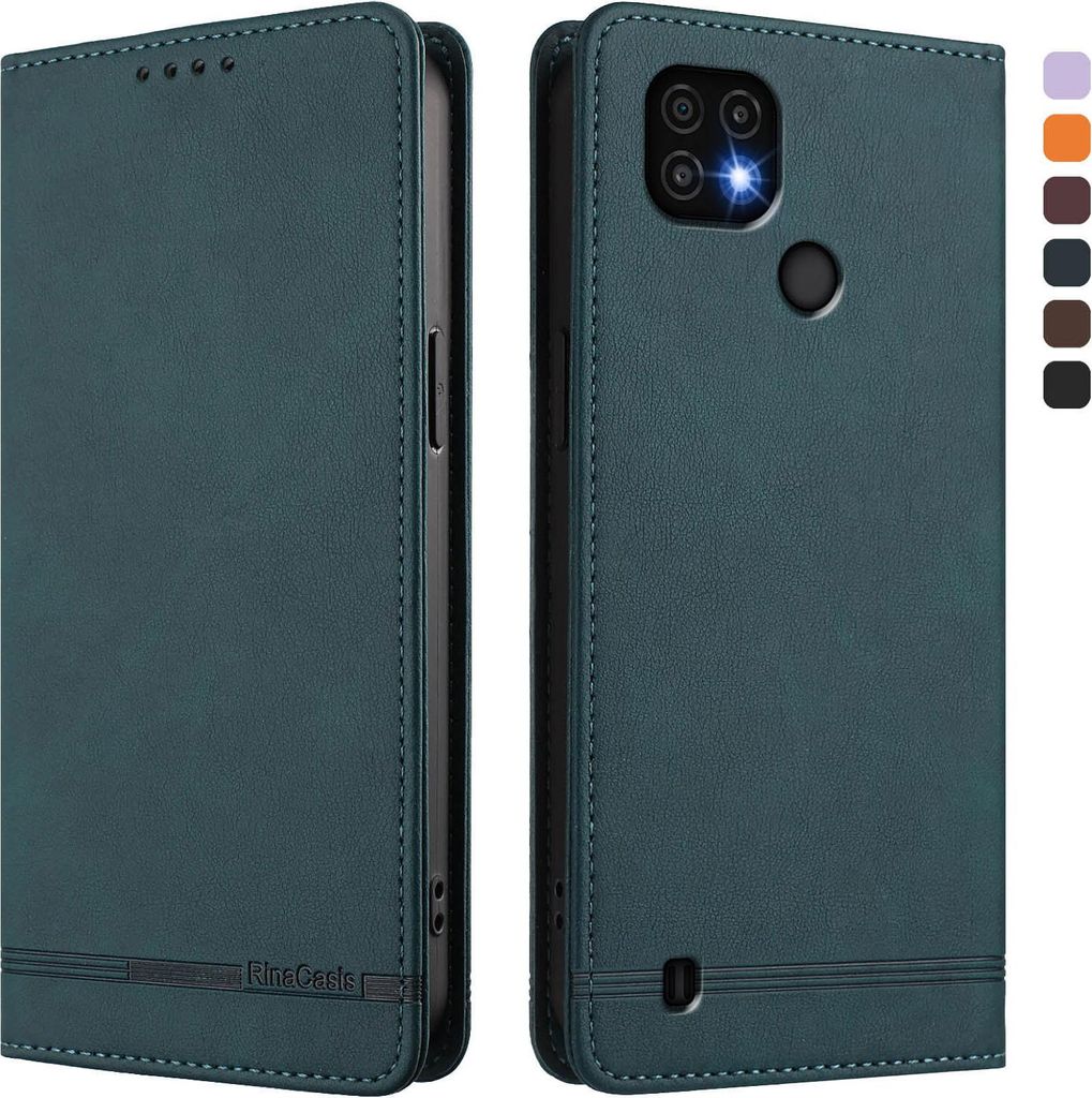 Hülle für Realme C20/Realme C21/Realme C11 2021, Retro Kunstleder Ständer Klapphülle mit Kartenfächer und Magnetische Grün