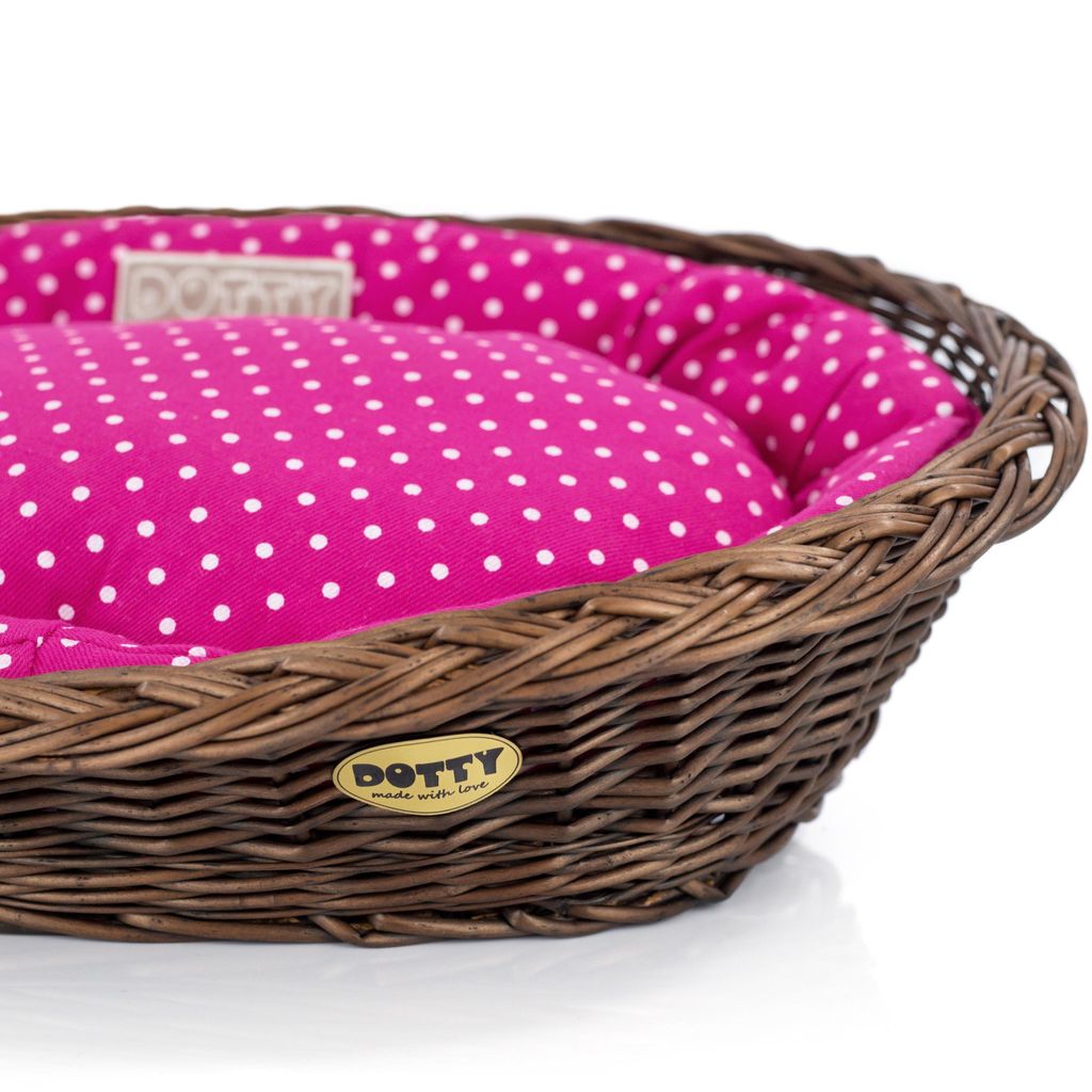 Handgebeizter brauner Weidenkorb Wikikorb mit Baumwoll-Hundebett Rosa mit weißen Punkten Polka Dots, Waschbar & Weich DOTTY