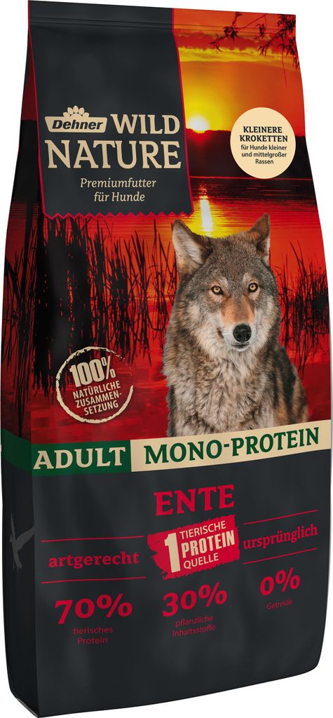 Dehner Wild Nature Hundefutter Mono Protein, Trockenfutter getreidefrei / zuckerfrei, für ausgewachsene Hunde, Ente / Fisch, 12 kg
