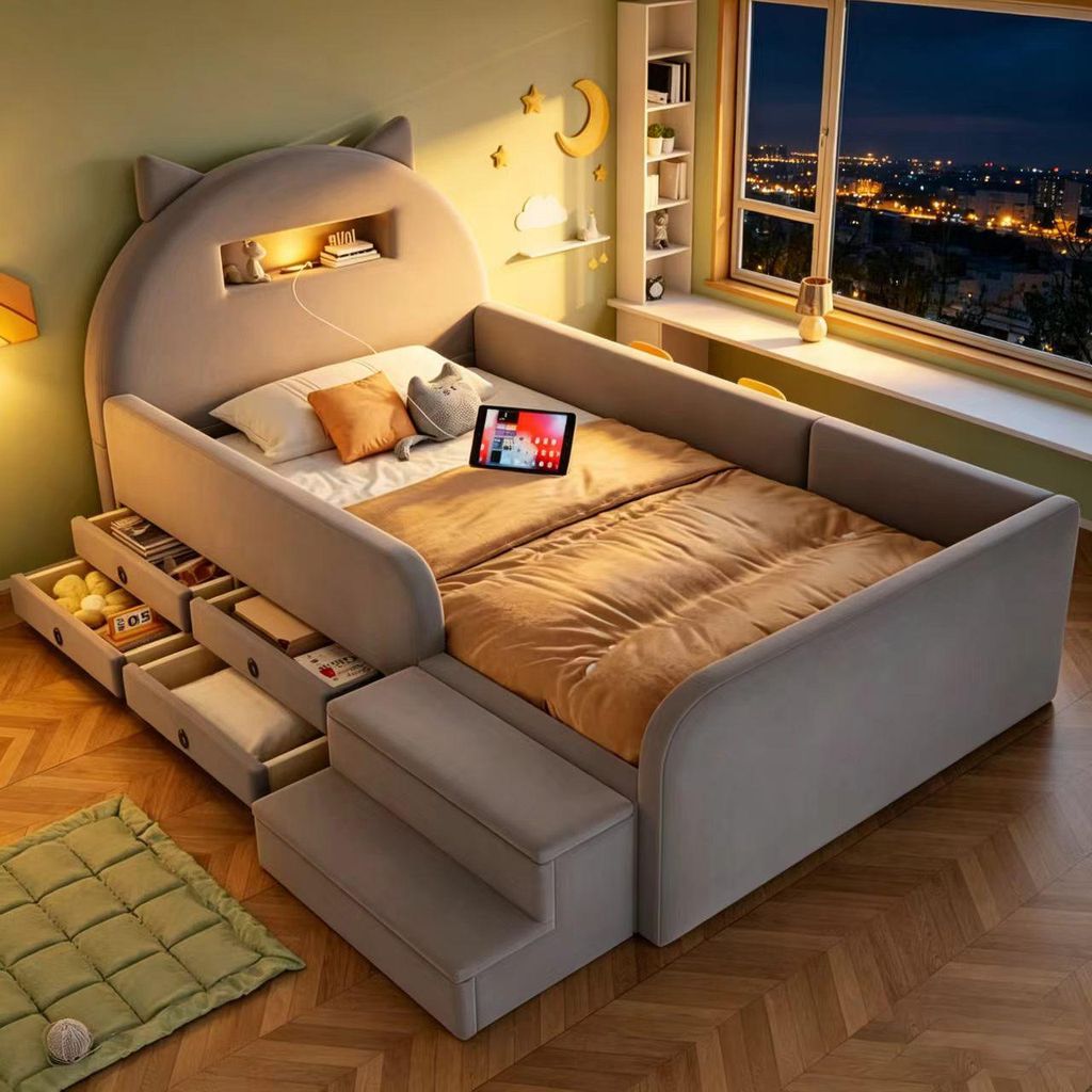 Lit enfant 90x200 cm avec veilleuse et port USB, lit simple Image du produit 