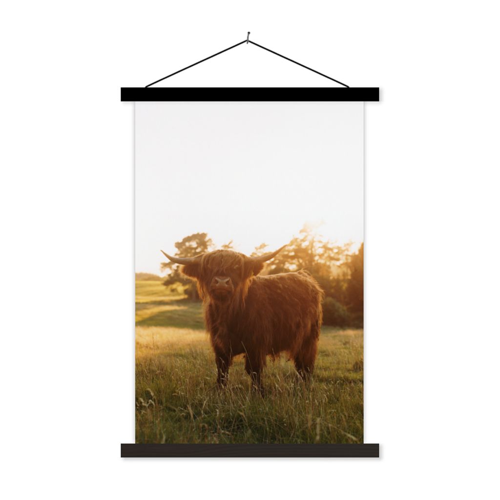 MuchoWow Textilposter Schottischer Hochländer - Gras - Sonne 40x60 cm mit schwarzem Rahmen - Wanddekorationen