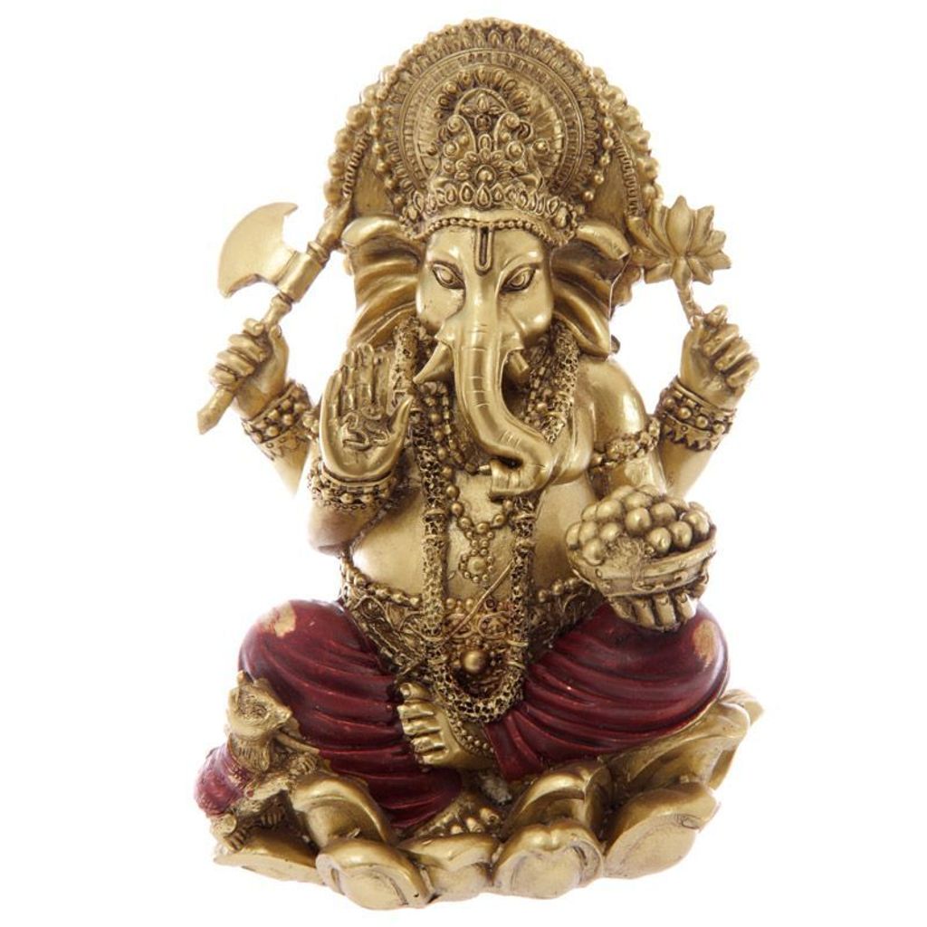 Goldene Ganesha Statue mit roten Akzenten, Indische Produktbild 