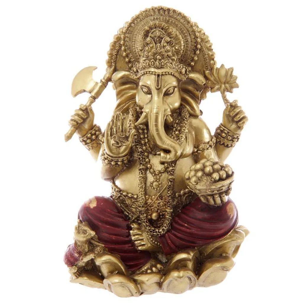 Statue Ganesh dorée 16 cm avec détails rouges - Finition Artisanale