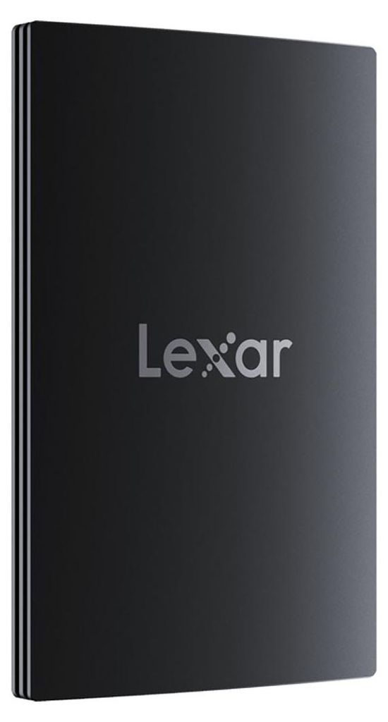 A black Lexar external SSD is shown from a slightly angled front view.