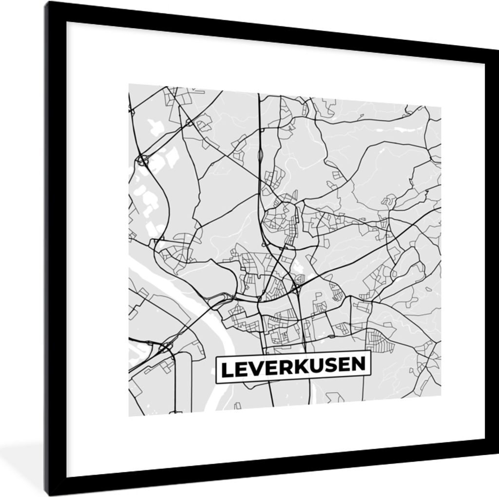 MuchoWow Gerahmtes Poster Deutschland - Karte - Stadtplan - Leverkusen 40x40 cm - Poster mit Schwarzem Bilderrahmen Wandposter Rahmen Foto Bilder...