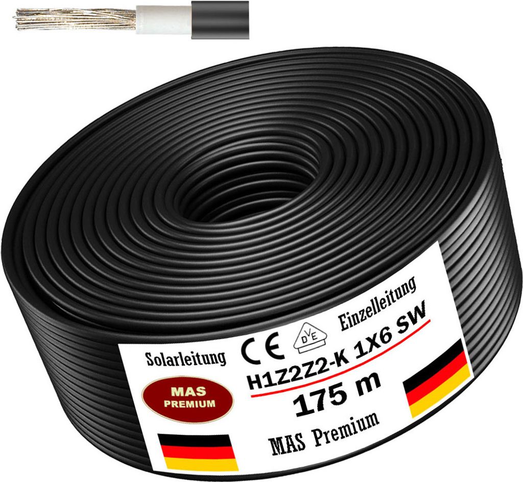 175m Solarleitung Solarkabel H1Z2Z2-K 6 mm² Schwarz Photovoltaik Halogenfrei