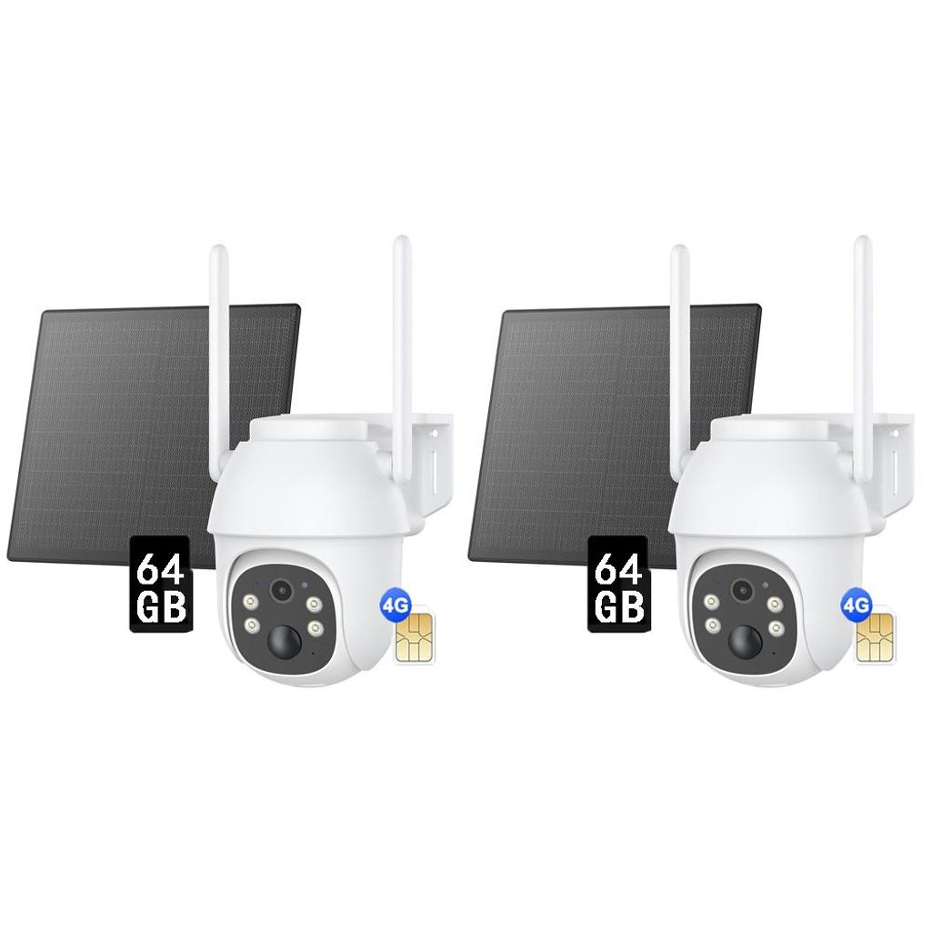 2K+ 5MP 4G LTE Batterie Überwachungskamera , Pan&Tilt, Non-Stop Solarstrom, Kein-WiFi, mit SIM-Kartenslot+64GB SD Karte 2PCS