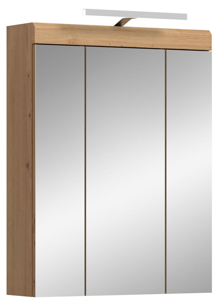 Scout Spiegelschrank Bad 2 Türen, 3 Spiegeltüren, 3 Regale Salbeidekor, Eiche Nachbildung.