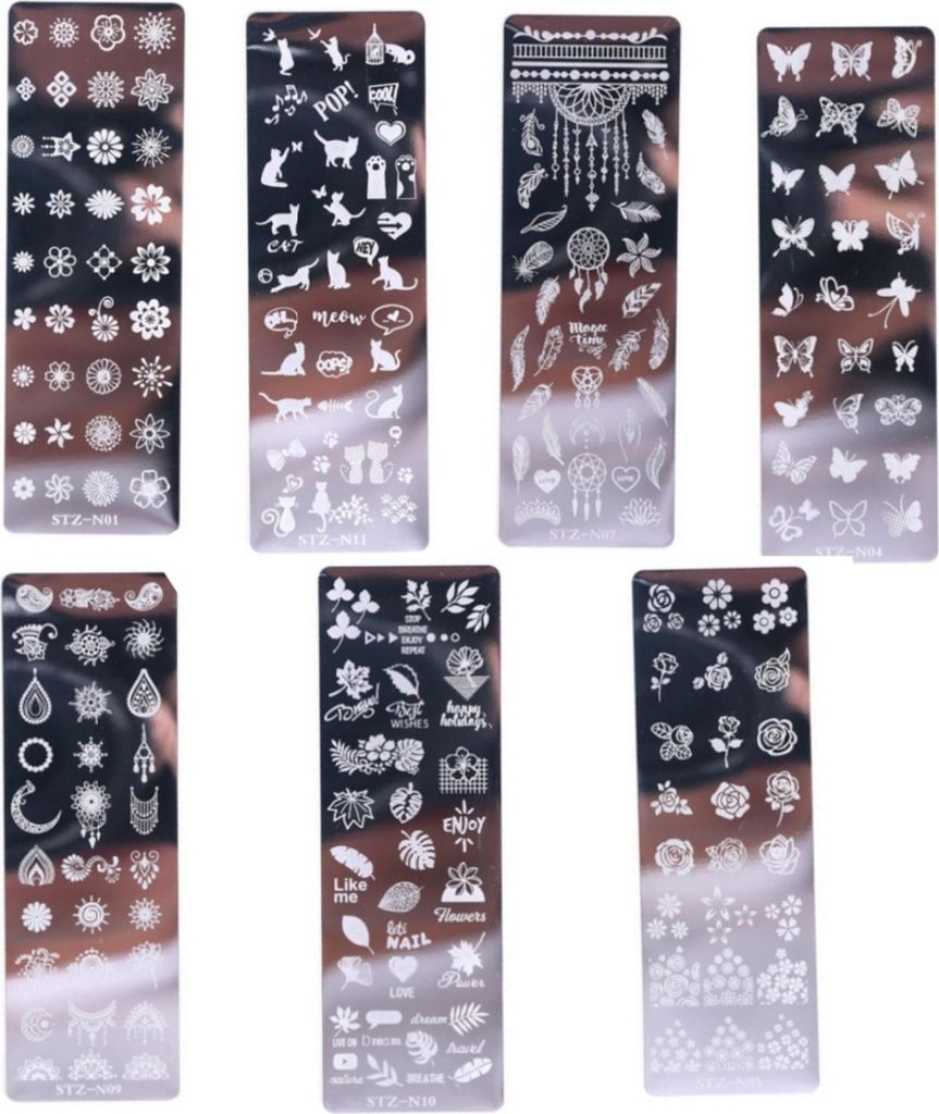 7Stück Nail Stamping Plate, DIY Schaber Nail Art Set ,French Nails Set,Nail Art Stamper,Nail Art Plates Nagelstempel Maniküre Nageldesign(Schmett...