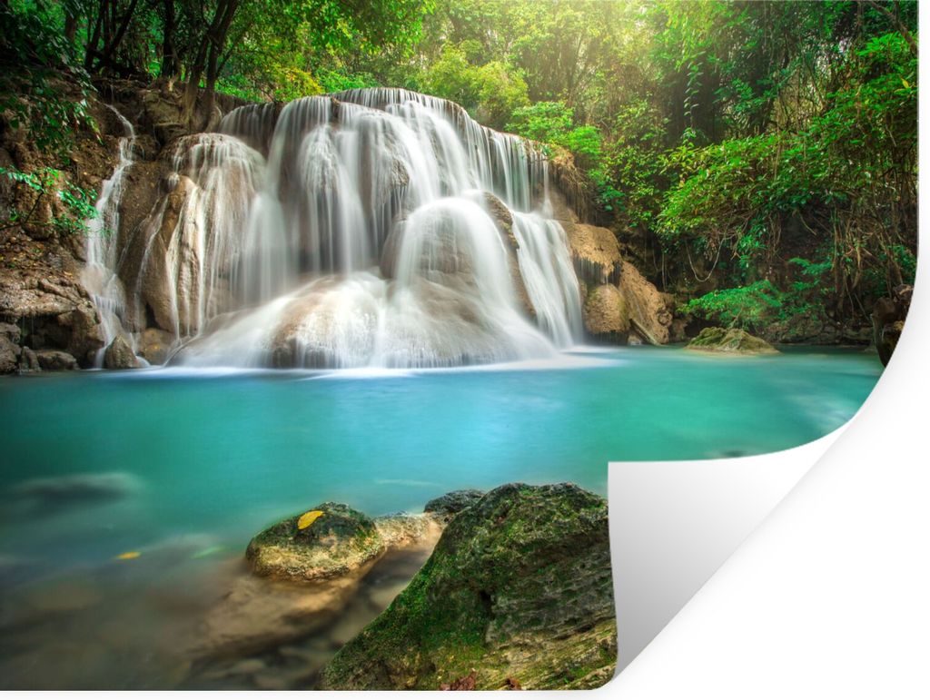 MuchoWow Wandtattoo Wandsticker Wandaufkleber Wald - Wasserfall - Natur 160x120 cm Selbstklebend und Repositionierbar - Selbstklebend - Fototapeten