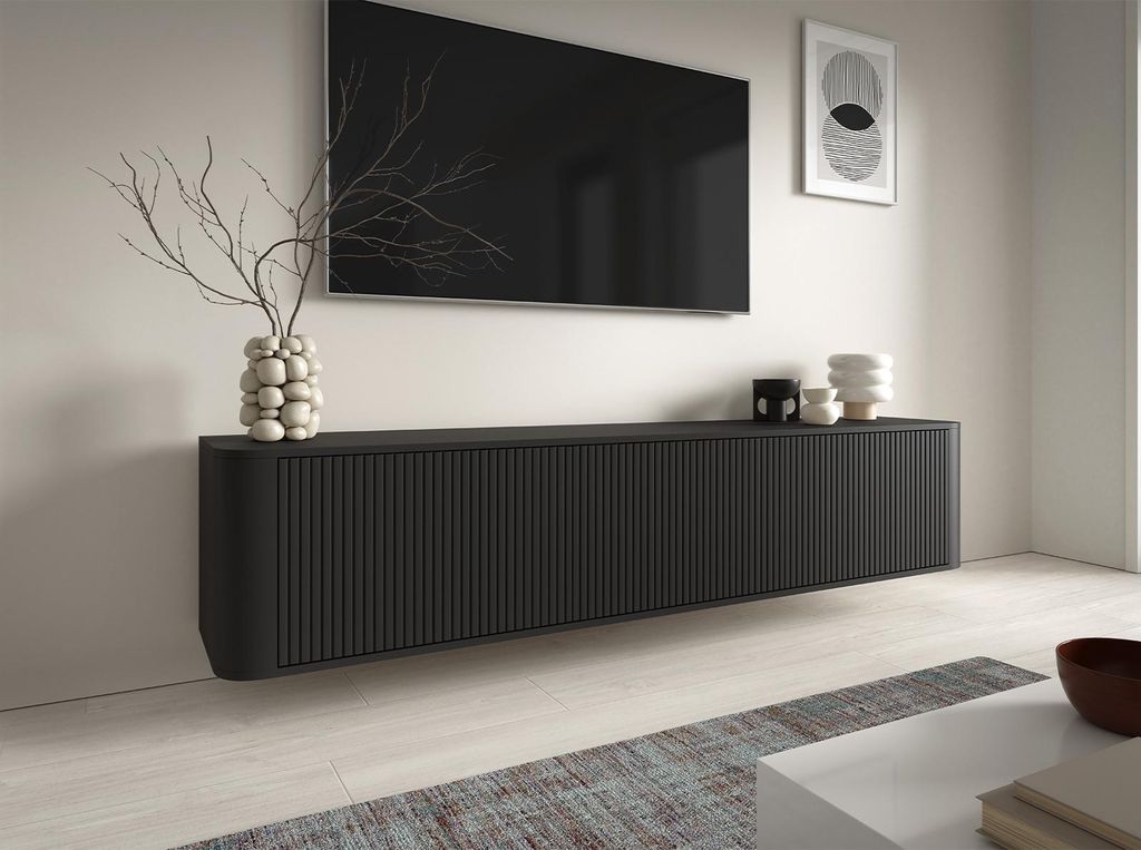TV-Schrank Hängende RTV Kommode 200 cm Misterio mit Lamellen, abgerundeten Seiten und 3 Schränke - Schwarz