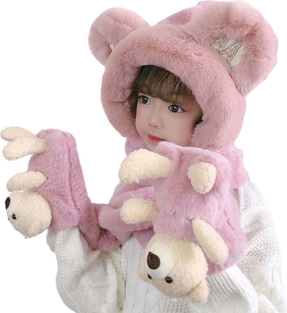 Niedliche Wintermütze aus verdicktem Plüsch für Kinder, Halstuch, Handschuhe, 3-in-1-Gehörschutzmütze, Cartoon-Bär-Dekor, Urlaubsmütze für ...