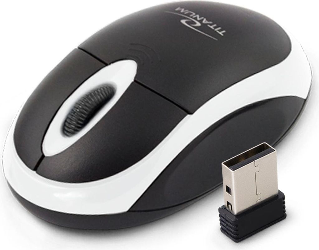 A black and white wireless computer mouse with a USB receiver.