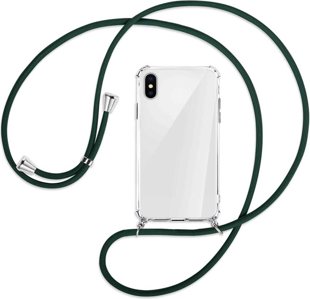 Handykette Backcover-Schutzhülle mit Band (Metall silberfarben) für Apple iPhone X / XS / 10 - dunkelgrün