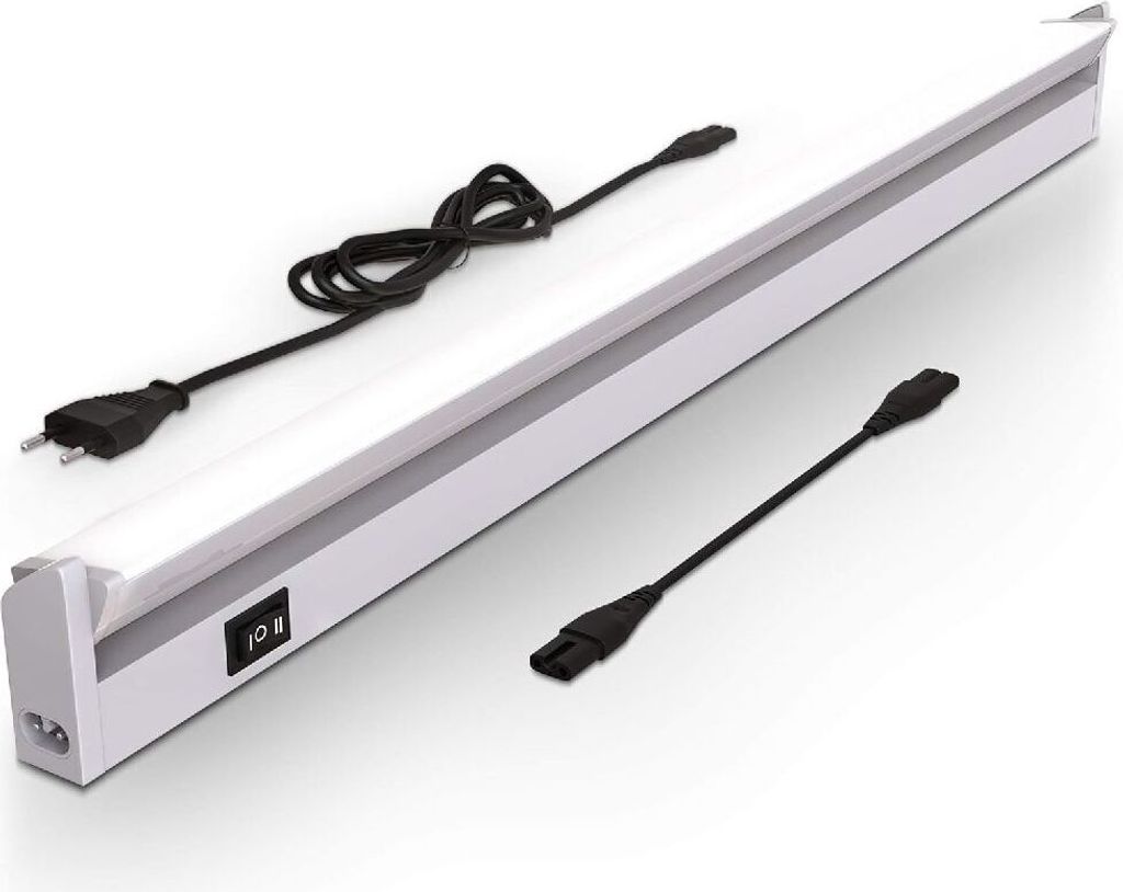 A white LED under-cabinet light with a power cord and an extension cord on a white background.