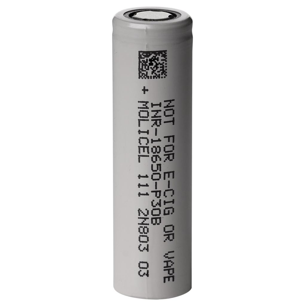A single Molicel INR18650-P30B battery against a white background.