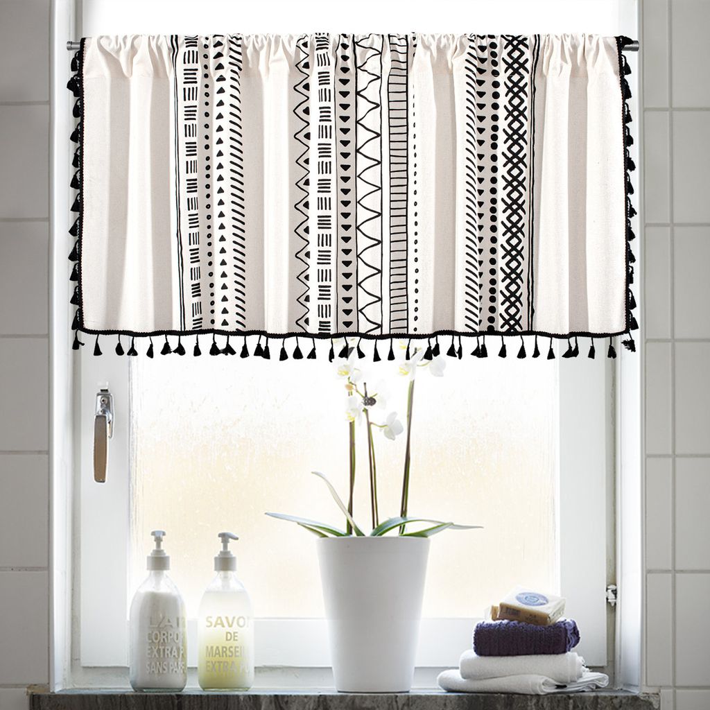 Bistrogardine Boho Scheibengardinen,Quaste Küchengardinen Rutentasche Wohnzimmer 1 Stück Landhausstil Vorhang (Weiß 150*91cm)