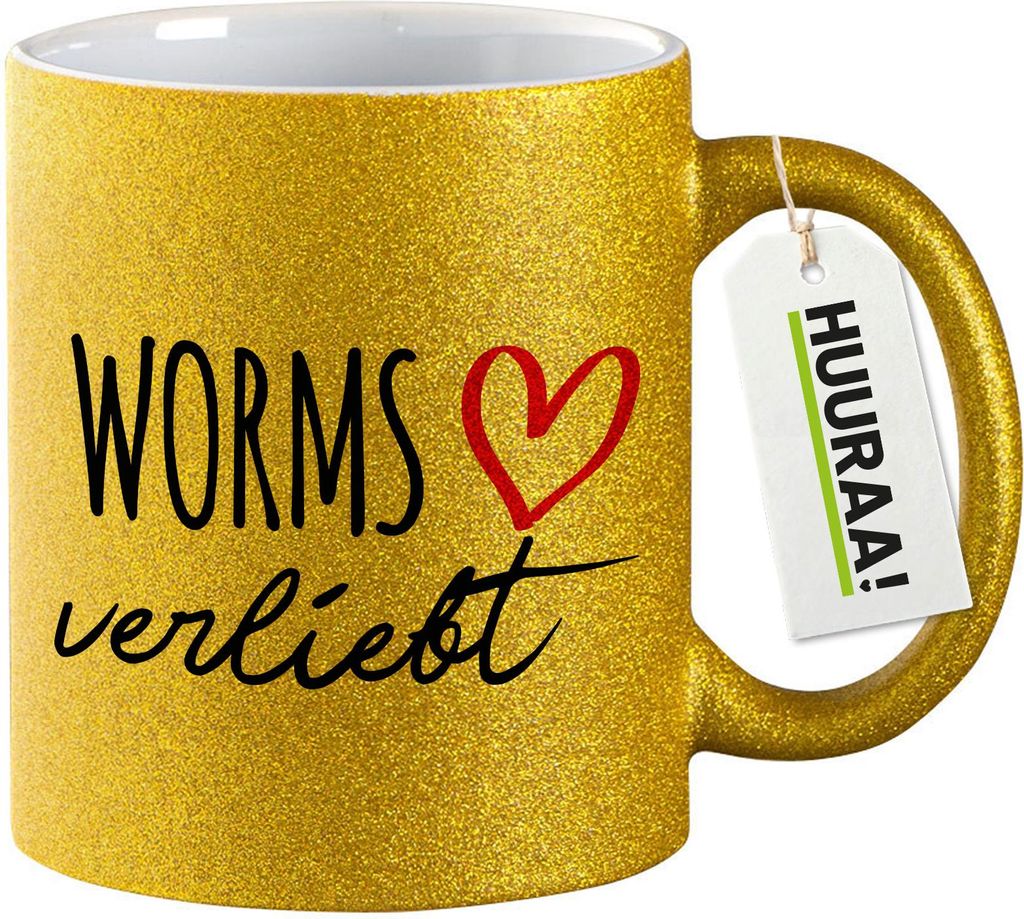 Huuraa Glitzertasse Worms verliebt 330ml Gold Keramik Kaffeebecher Geschenkidee