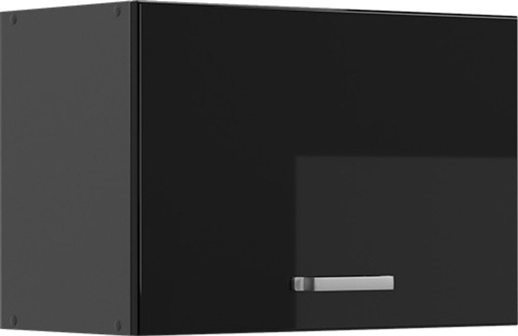 A black kitchen cabinet with a silver handle.