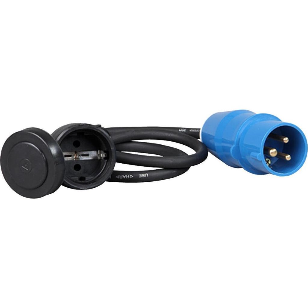 Kopp Caravan-Adapterleitung: Eingang: Caravan-Stecker (3p, 16A, 250V, 6h), Ausgang: Schutzkontakt-Kupplung mit Klappdeckel (16A, 250V)